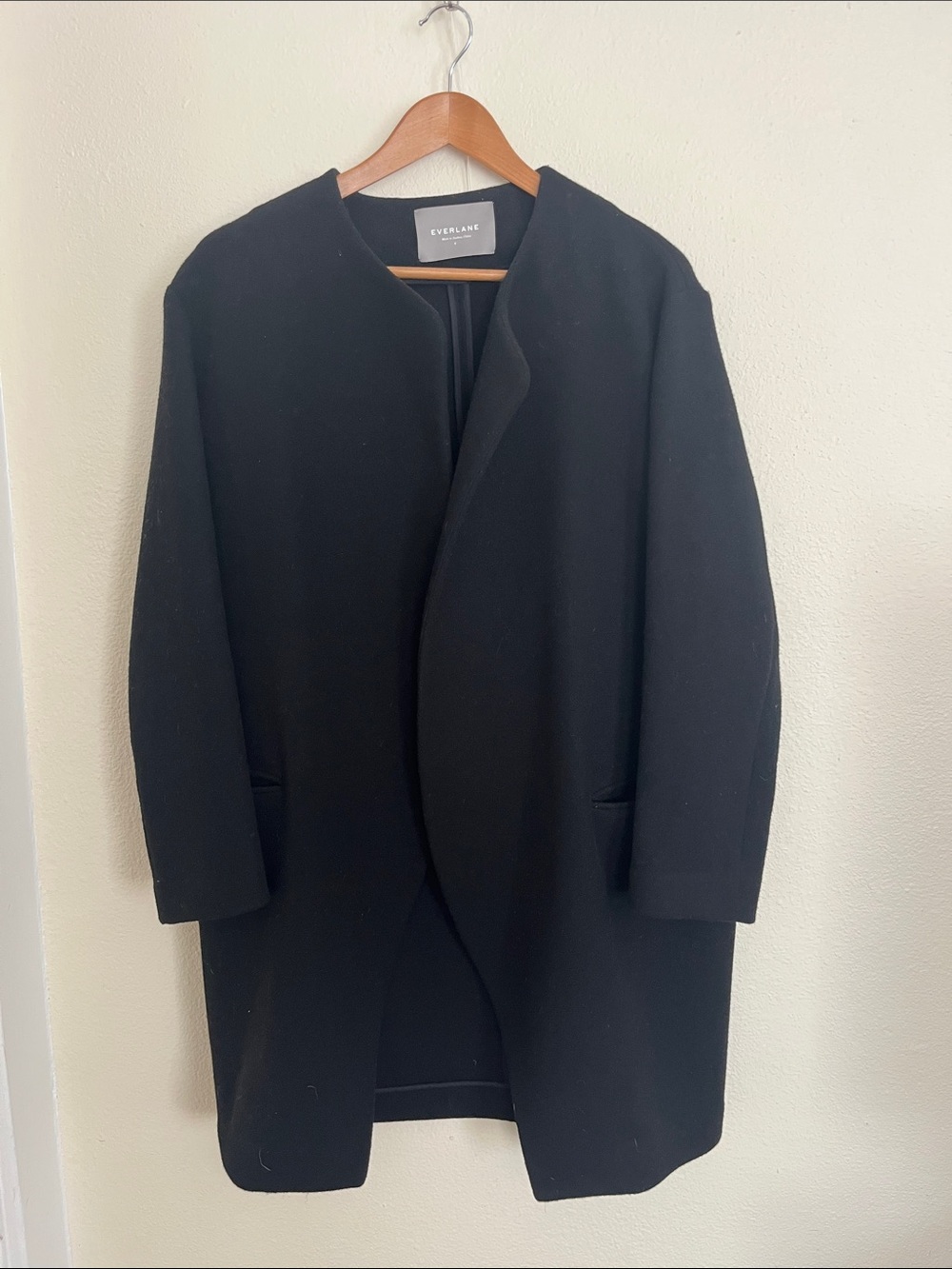 Everlane Black Collarless Wool Unstructured Coat